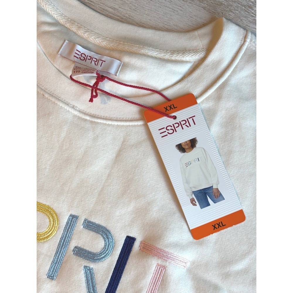 Esprit Size XXL Sweatshirt Women Cream Rainbow Logo Crewneck retro 80s 90s - Picture 6 of 6